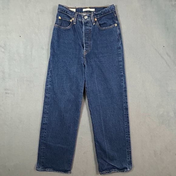 Levis Premium Jeans Womens 27 Ribcage Straight Dark Wash Button Fly Stretch‎ - Picture 1 of 15